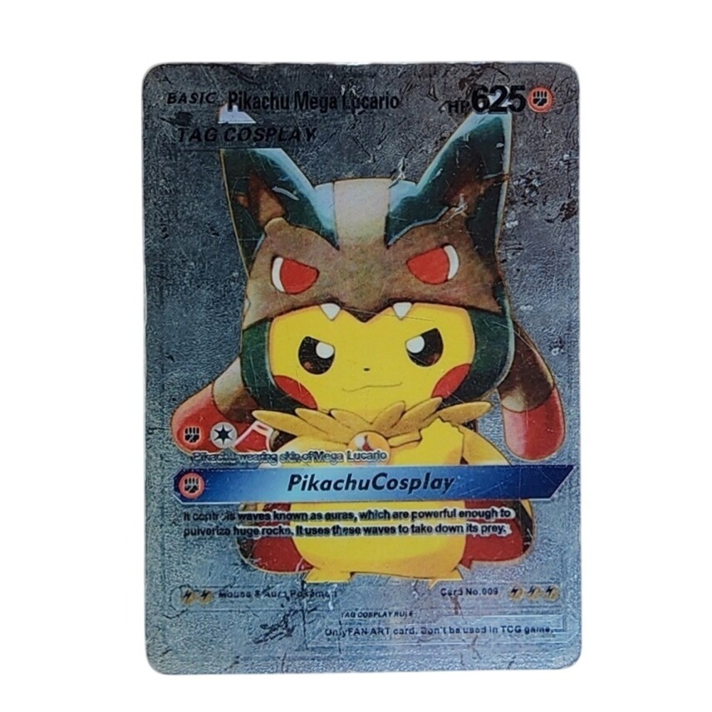Pokemon Pikachu Mega Lucario Cosplay Metal Card Silver Textured Fan Art TCG 009